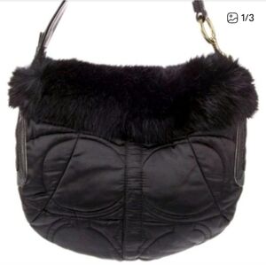 Coach Black Rabbit Fur-Trim Quilted Plushy Signature 'C' Purse With Hangtag